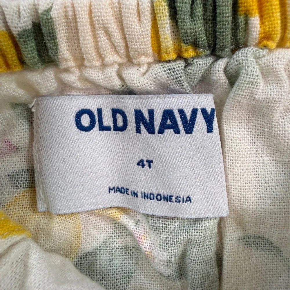 Old Navy Girls Lemon Print Linen Blend Smocked Waist‎ Sundress Yellow White 4T